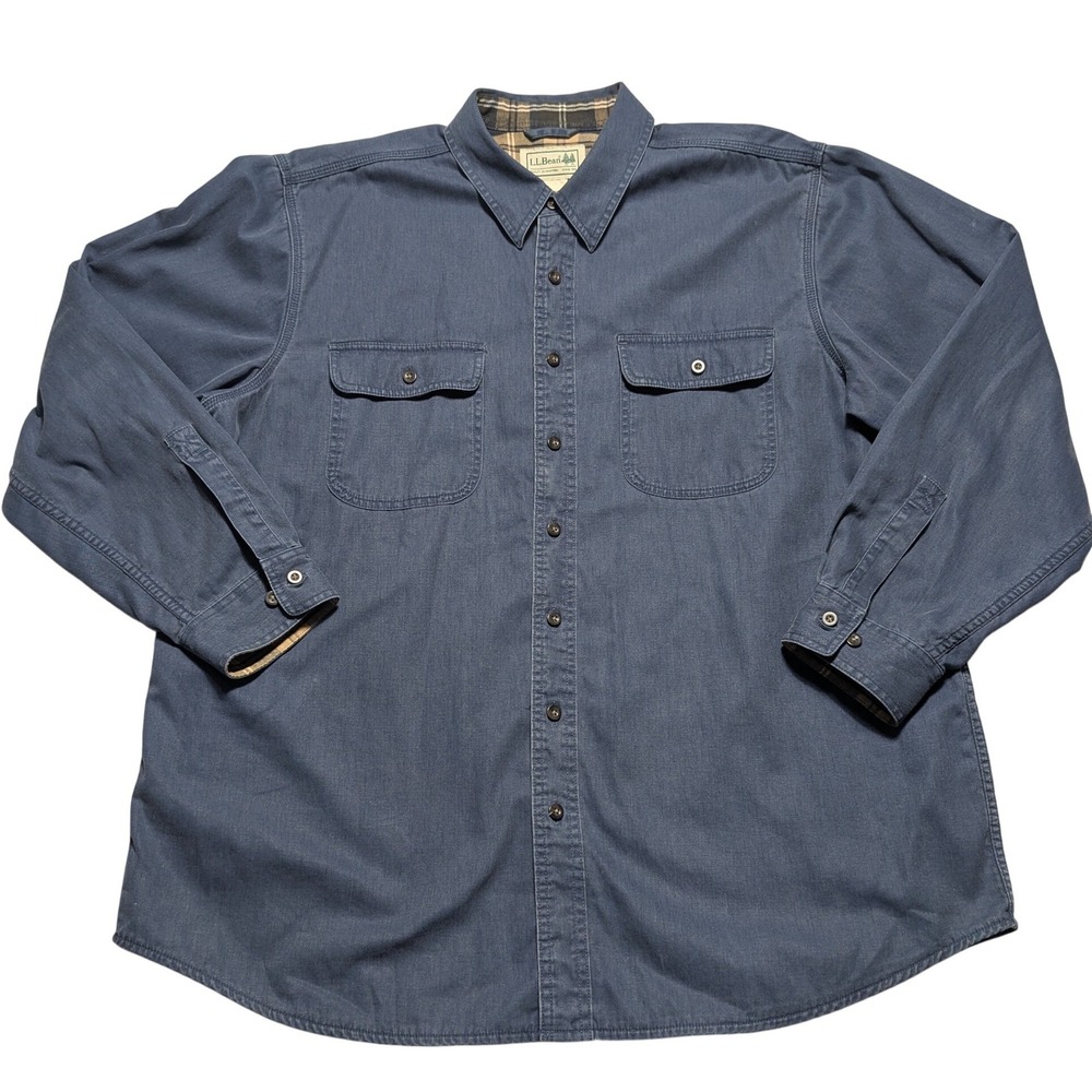 LL Bean Mens XL Reg Plaid Flannel Lined Cotton Twill Blue Shirt Jacket 0FKC8